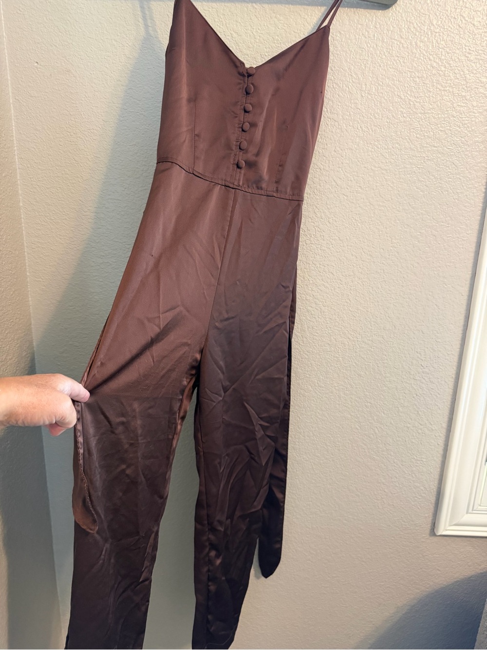 Abercrombie & Fitch Chocolate Brown Satin look Jumpsuit with Button Front
